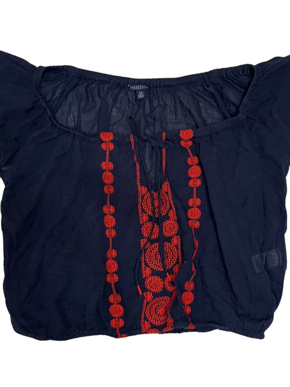 Aeropostale Women's Navy Red Embroidered Boho Top Sz S Tie Neck Flutter Sleeve